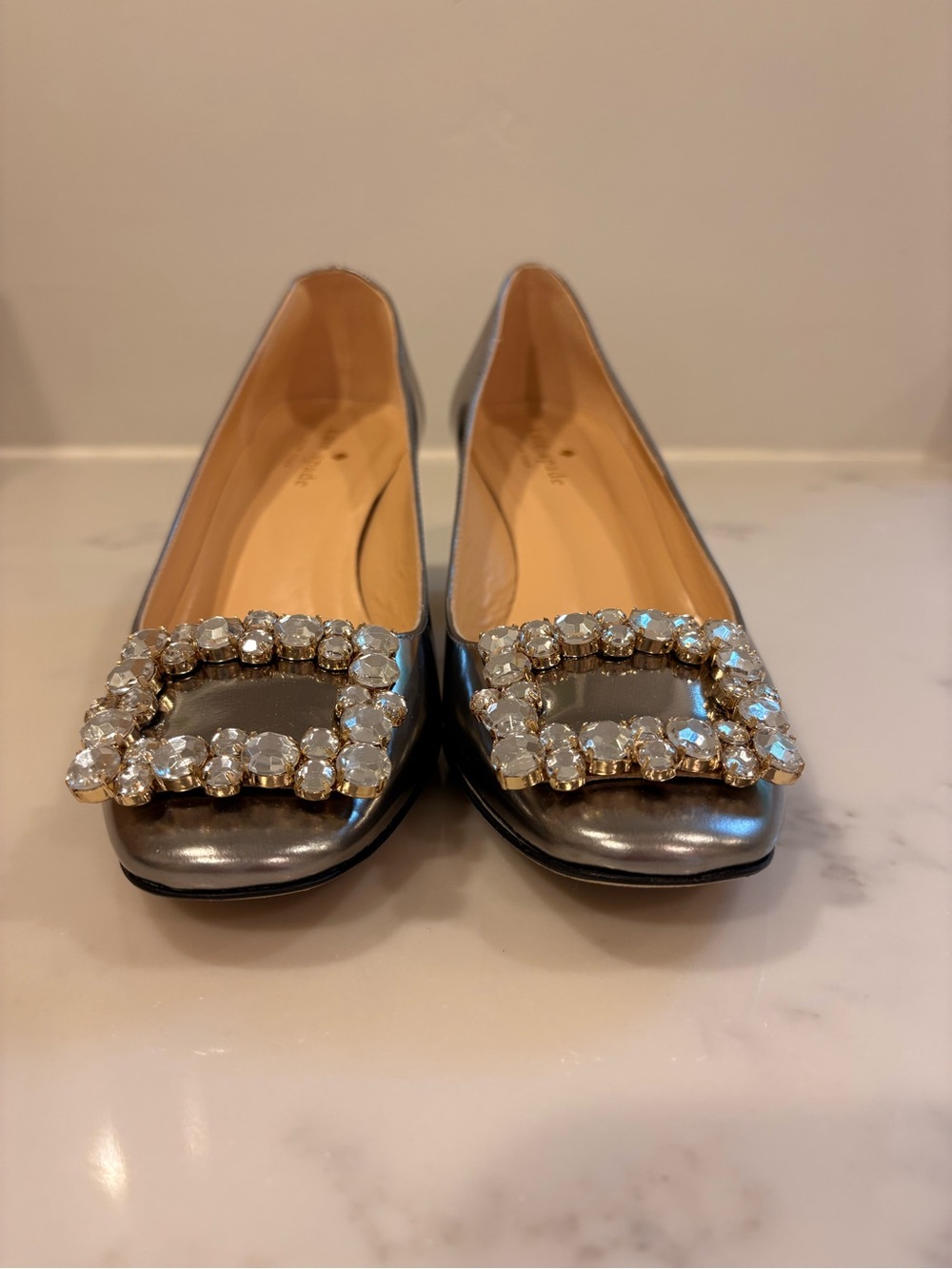 kate spade Silver Crystal-Buckle Leather Flats
